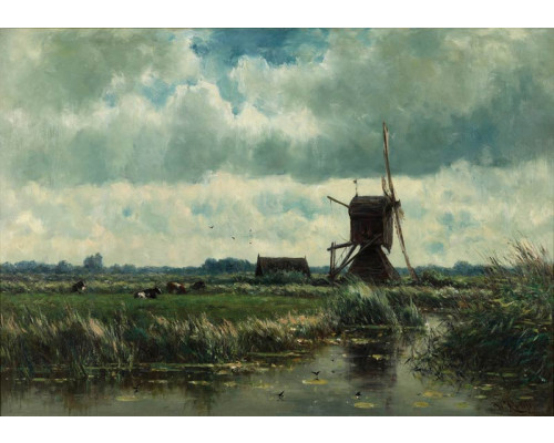 Fototapete einer bemalten Mühle mit Landschaft, rustikal und traditionell.