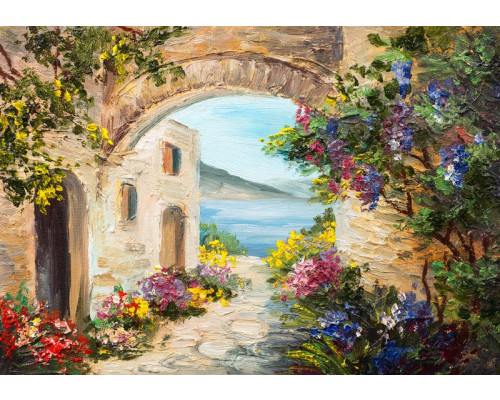 Fototapete eines Gemäldes einer romantischen Landschaft in Italien, mit einer idyllischen Umgebung.