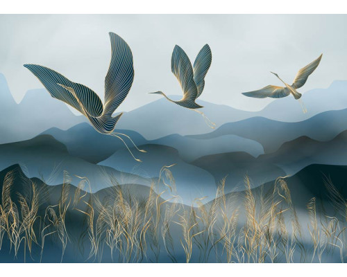 Eine Fototapete mit verschnörkelten goldenen Kranichen, bei der elegante Vögel mit zarten Goldakzenten vor einem tiefen Hintergrund schweben und einen luxuriösen Effekt erzeugen.