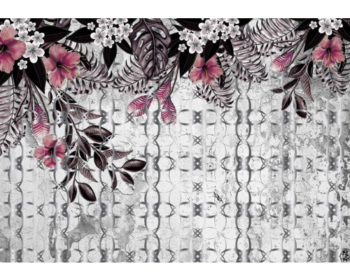 Fototapete mit Zierpflanzen auf Betonwand, rosa Blumen und Pflanzen für einen weichen Look.