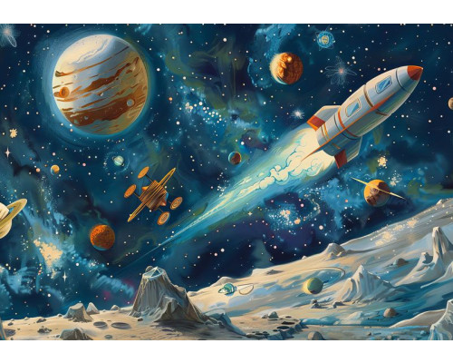 Fototapete von einem Space Adventure mit Raumfahrt, Planeten und Sternen, perfekt für Kinder, die den Weltraum lieben.