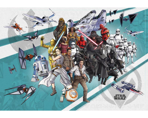 Star Wars-Cartoon-Collage-Fototapete mit humorvollen Szenen, perfekt für junge Fans.
