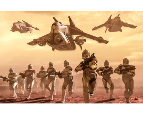 Die klassische Clone Trooper Fototapete zeigt einen Clone Trooper aus der Star Wars Saga, der mit seinem Blaster zum Kampf bereit ist.
