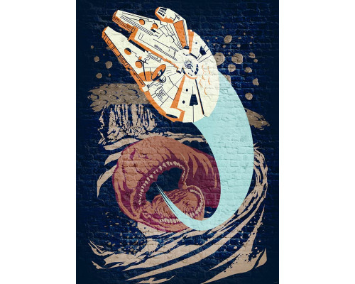 Star Wars-Fototapete mit einem Asteroiden und einem Wurm aus Beton, perfekt für Sci-Fi-Fans.