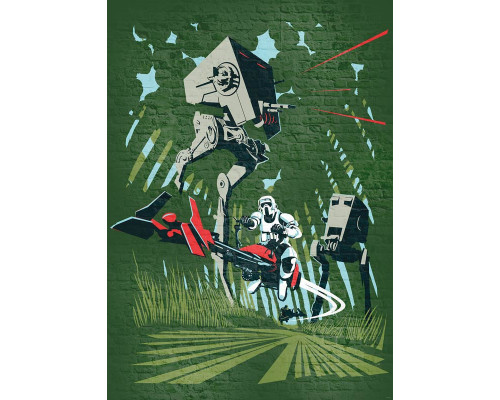 Star Wars-Fototapete mit der Landschaft von Endor, entworfen für ein Abenteuerzimmer.