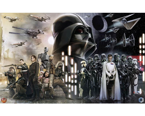 Rogue One-Collage mit Jyn Erso aus Star Wars auf einer Fototapete.