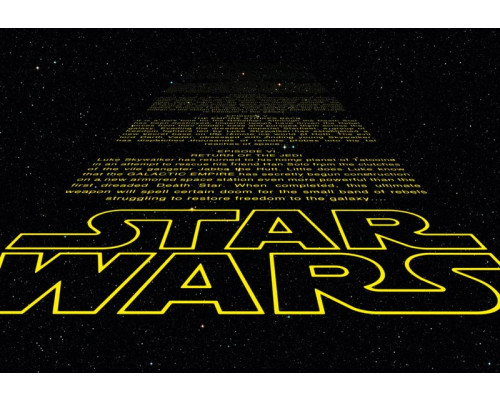 Star Wars Intro-Fototapete mit dem kultigen gelben Text, der durch den Weltraum schwebt.