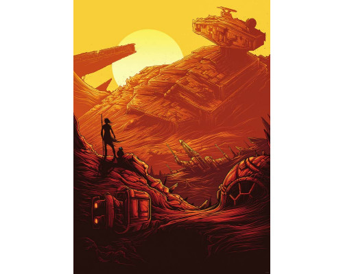 Jakku Star Destroyer Fototapete zeigt das Wrack eines Star Destroyer auf dem Wüstenplaneten Jakku, mit einer epischen Atmosphäre.