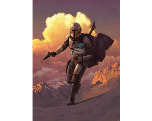 Mandalorian Escape Fototapete zeigt eine spannende Flucht durch den Weltraum, mit einer Verfolgung von feindlichen Schiffen.