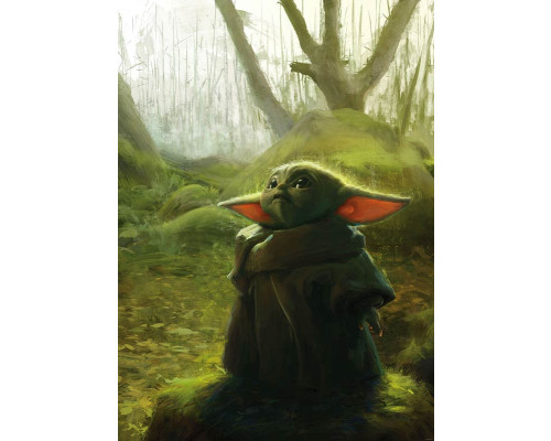 Mandalorianer und Grogu (Baby Yoda) auf einer künstlerischen Acryl-Fototapete mit leuchtenden Farben und einem galaktischen Hintergrund.