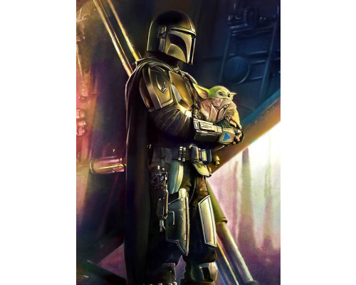 Das Mandalorian Savior-Fototapete zeigt den Mandalorianer, der Grogu rettet, mit einem dramatischen Himmel voller Sterne im Hintergrund.