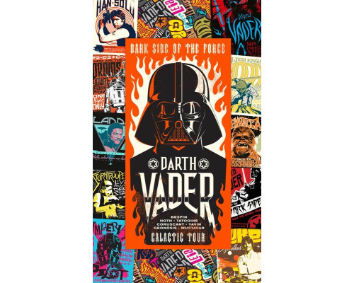 Die Fototapete Star Wars Rock On Posters zeigt mehrere kultige Star Wars-Poster in einer bunten Collage.