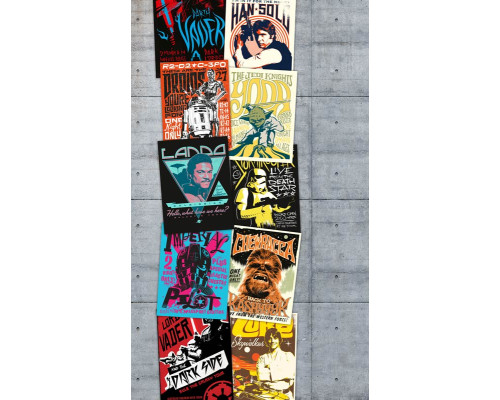 Die Fototapete Star Wars Rock On Wall zeigt ikonische Star Wars-Charaktere auf einer verwitterten Wand im Graffiti-Stil.