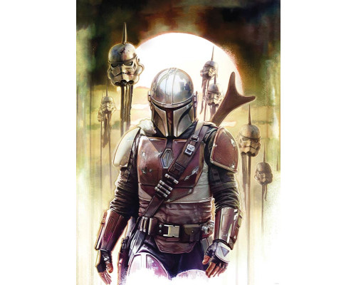 Der Mandalorian Impaler Fotohintergrund zeigt eine actiongeladene Szene, in der sich der Mandalorianer seinen Weg durch die feindlichen Truppen bahnt.