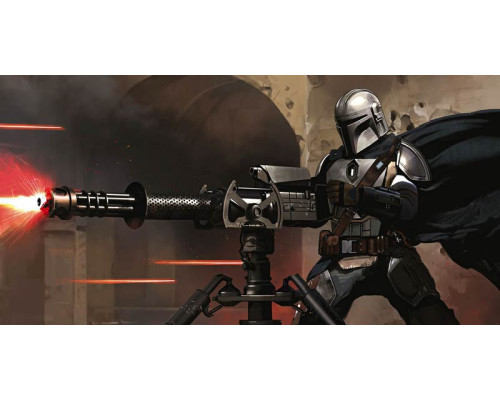 Mandalorian Blaster Fototapete zeigt den Mandalorianer mit seinem ikonischen Blaster, bereit zum Feuern, mit einem actiongeladenen Hintergrund.