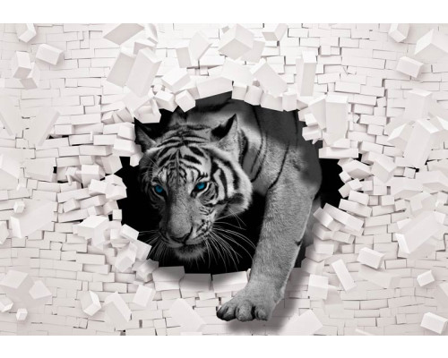 Fototapete mit einem Tiger, der aus der Wand bricht, 3D-Effekte mit abstrakten Ziegeln.