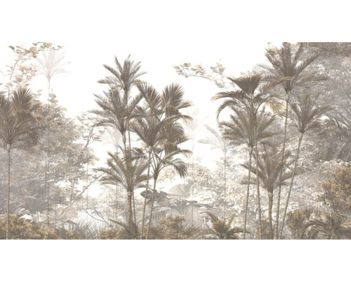 Fototapete von tropischen Bäumen und Pflanzen in einem dichten Dschungel, mit einer heiteren Atmosphäre.