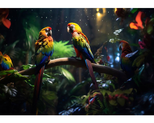 Fototapete mit farbenfrohen tropischen Papageien, die sich zwischen den dichten Blättern des Dschungels verstecken, mit lebhaften Details.