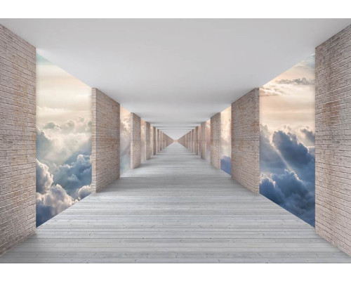 Tunnel-Fototapete mit Blick auf Wolken in einem 3D-Effekt, so dass das Bild zu schweben scheint.
