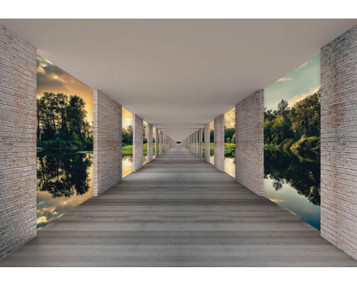 Tunnel-Fototapete mit Blick auf einen See, gerendert in einem 3D-Effekt mit Sonnenuntergang in der Ferne.