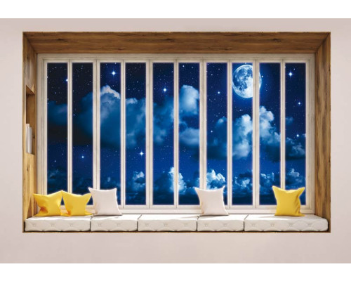 Fototapete mit Blick auf den Vollmond und das Meer, gesehen durch ein Fenster mit 3D-Perspektive.