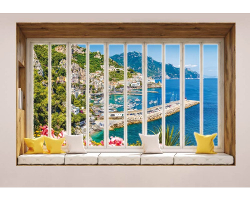 Blick auf die Stadt und das Meer durch ein Fenster mit 3D-Perspektive auf Fototapete.