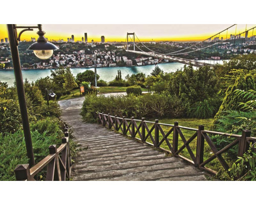 Fototapete mit Blick auf eine Stadt und eine Brücke in einer natürlichen Landschaft.