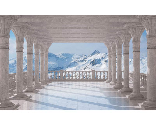 Ansichten von schneebedeckten Bergen, Fototapete mit einer heiteren Darstellung der Natur.