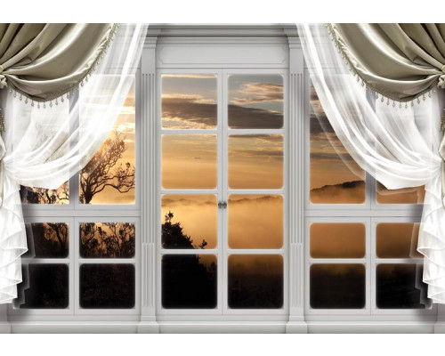 Fototapete mit einem nebligen Wald, Sonnenuntergang und 3D-Effekt durch ein Fenster.
