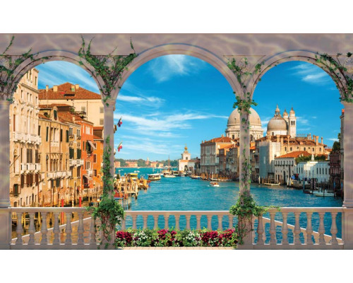 Fototapete des Canal Grande in Venedig, gesehen von einem Balkon in 3D-Perspektive.