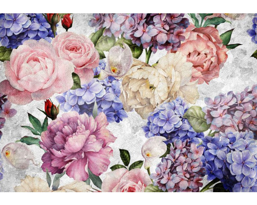 Vintage Blumen Fototapete, künstlerische Malerei mit floralen Motiven.