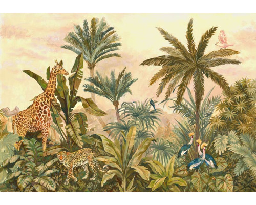 Vintage-Dschungeltiere wie Affen und Tiger auf einer lebendigen und farbenfrohen Kindertapete mit subtilen Details.