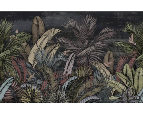 Fototapete mit Vintage-Dschungelpflanzen, reich an botanischen Details und üppigem Blattwerk.