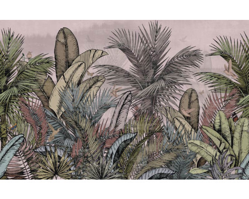 Eine Fototapete mit alten Dschungelpflanzen und botanischen Details von tropischen Blättern.