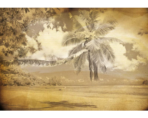 Palme am Strand, Vintage-Fototapete mit sommerlicher und tropischer Atmosphäre.
