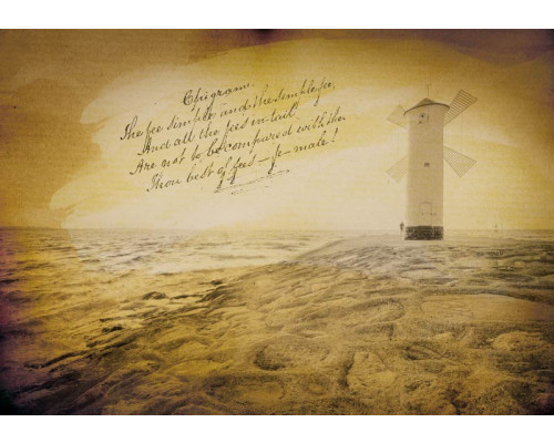 Vintage-Leuchtturm am Strand, Fototapete mit einem nostalgischen und beruhigenden Look.
