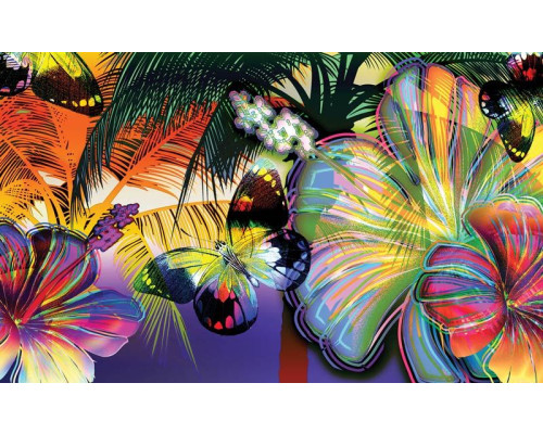 Bunter Schmetterling auf einem abstrakten Gemälde mit lebhaften Blumen, eine Fototapete, die eine künstlerische Atmosphäre hervorruft.
