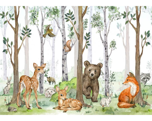 Fototapete mit fröhlichen Waldtieren wie Bär, Hirsch und Fuchs in einer verspielten Umgebung, perfekt für einen freundlichen und lebendigen Look.