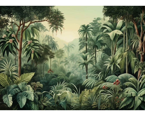Eine Aquarell-Fototapete für den Dschungel, bei der tropische Blätter und exotische Pflanzen in sanften Aquarelltönen einen künstlerischen und natürlichen Look erzeugen.