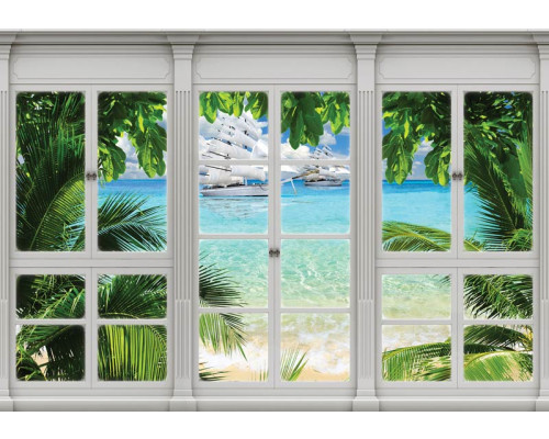 Fototapete mit Meerblick und Booten durch ein Fenster, gerendert in 3D-Perspektive.