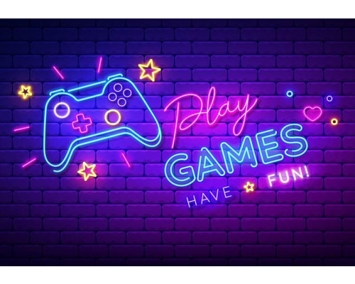 Spiele-Tapete mit einem neonbeleuchteten Controller und Text-Spielen.