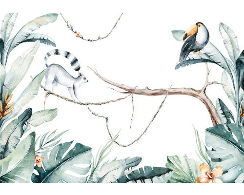 Botanische Safari-Dschungel-Fototapete mit wilden Tieren und tropischen Pflanzen, ideal für ein abenteuerliches Kinderzimmer.