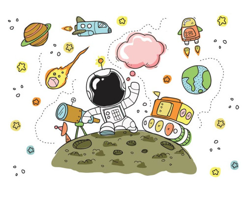 Kindertapete mit einem Astronauten im Weltraum, der zwischen den Planeten schwebt, perfekt für ein weltraumbegeistertes Kind.