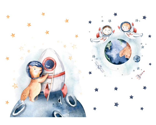 Kindertapete mit einer Galaxie und Planeten, auf der ein Astronaut in einer Weltraumrakete durch das Universum fliegt.
