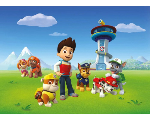 Paw Patrol Wallpaper mit Ryder, Chase, Sky, Marshal, Rocky, Rubble und Zuma vor dem Wachturm.