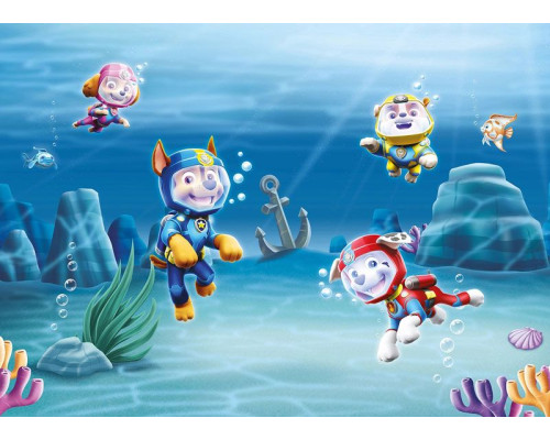 Fototapete mit den Paw Patrol-Figuren Chase, Marshall, Skye und Rubble bei einem Tauchabenteuer im Meer.