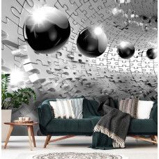 Eine 3D-Tapete mit Metallkugeln und Puzzlemuster in Silber, gesehen im Wohnzimmer.