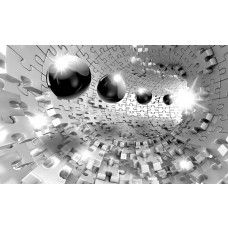 3D-Tapete mit Metallkugeln und Puzzlestücken in Silber, modernes geometrisches Design.