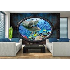 Eine Fototapete mit 3D-Effekt von Delfinen in einer Unterwasserwelt, perfekt für ein stilvolles Wohnzimmer.