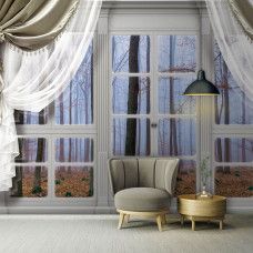 3D-Fototapete mit Blick auf einen Herbstwald durch ein Fenster, geeignet für das Wohnzimmer.